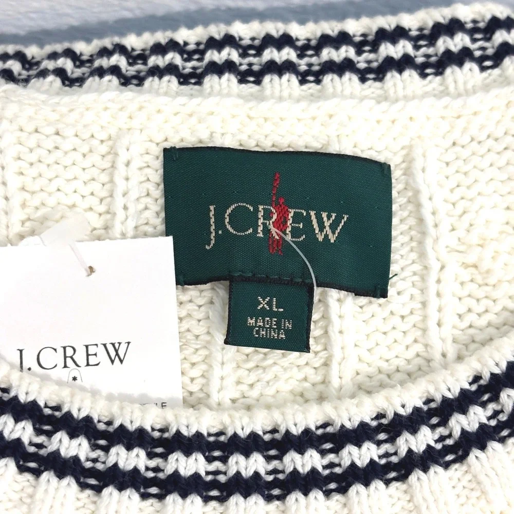 New J.Crew Big Cable Knit Sweater Mens XL Cream Navy Cotton Crewneck Long Arms